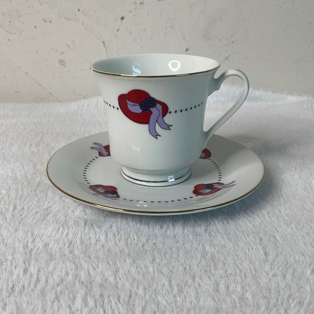 Darice Red Hat Club porcelain tea cup and saucer with gold trim